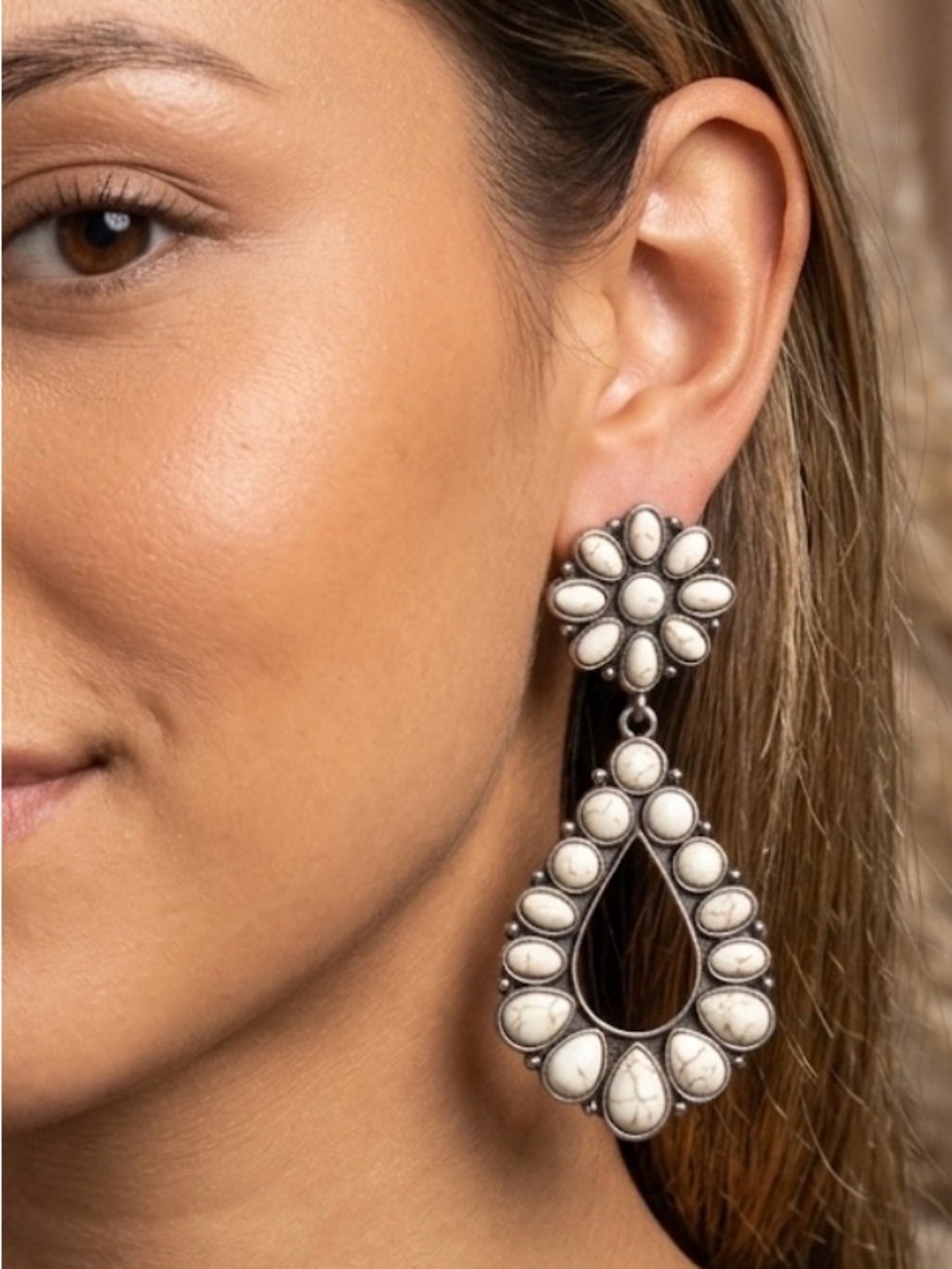 Boho Western White Howlite Stone Squash Blossom Drop Earrings
